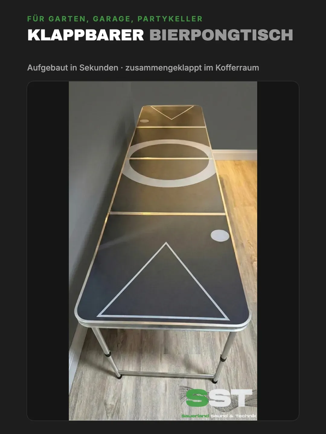 Der enthaltene Bierpongtisch, aufgebaut
